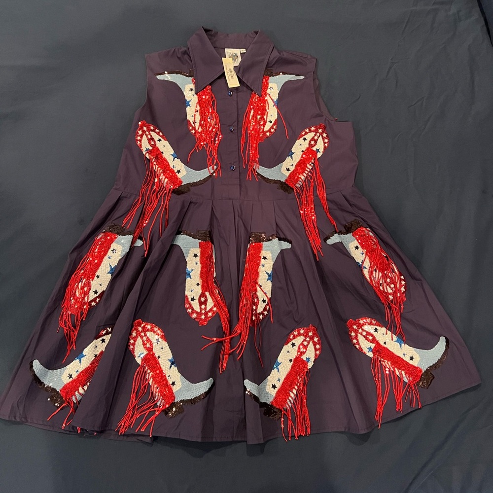 QUEEN OF SPARKLES Navy Blue Western Fringe Mini Dress with Red & White Accents - Picture 4 of 6